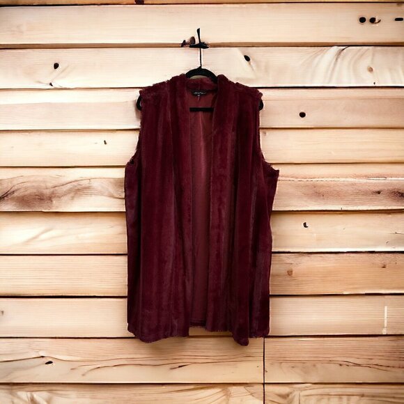SUPER SOFT silky faux fur crimson red open front vest cardigan women's p… - Picture 1 of 9